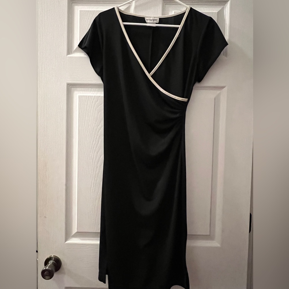 Black wrap dress with tan trim